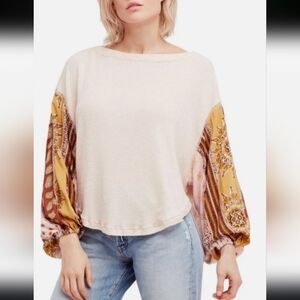 We The Free Cream Top with Brown Patterned Sleeves